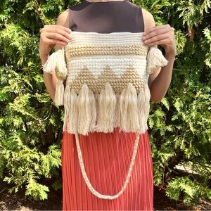 Handcrafted Cream and Tan Fringe Bag